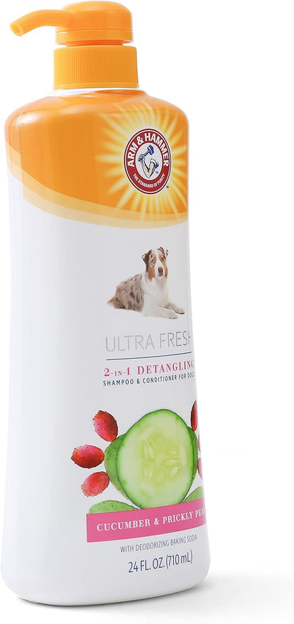Arm & Hammer Ultra Fresh 2 in 1 Detangling Dog Shampoo and Conditioner with Baking Soda Deodorizer, Moisturizing Pet Wash for Tangles and Odor Control, Cucumber Prickly Pear Scent, 24 Fl Oz