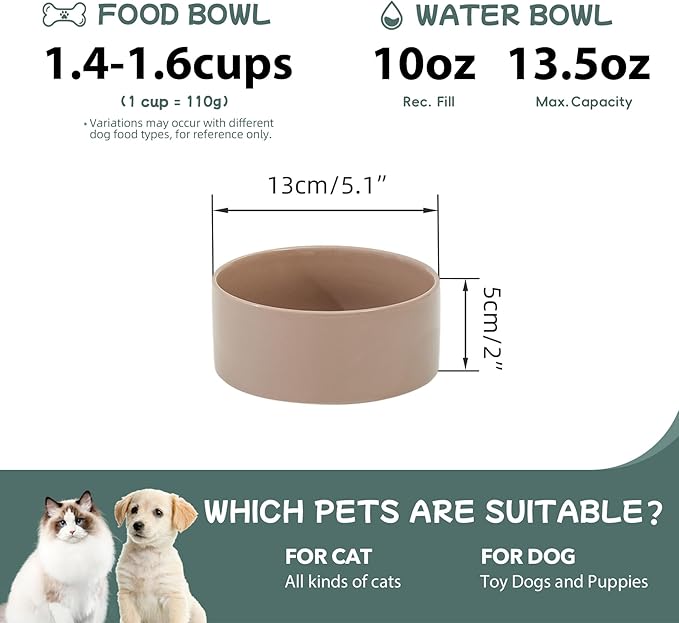 Ceramic 5.1inch Set of 2 Dog and Cat Bowls, 2pcs Anti-Slip Food and Water Feeder Dishes for Puppies, Kitties, Cats(2 Bowls, Brown Coffee)