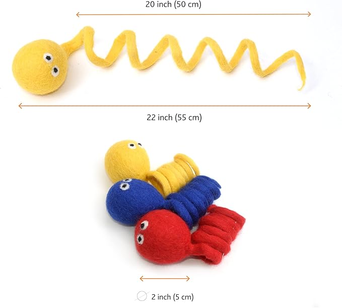 Glaciart One Felt Spring Cat Toy – 3 Pcs Soft Fuzzy Enrichment 100% Natural Wool - Interactive Stretchable Play Set - Safe for Pets, Non-AZO Colored Dyes - 4” Long