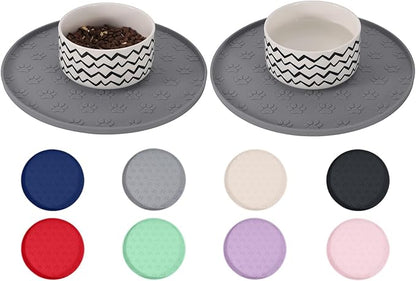 Comtim Waterproof Dog Food Mat - 2 Pack Silicone Pet Food Mat Dog Food Bowl Mats Cat Water Mats Eating Tray, Non-Slip Pet Placemat with Lip for Messy Drinkers to Protect Floor,Dark Grey 11"×11"