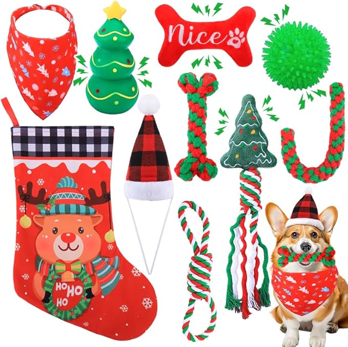 Mity rain Christmas Dog Toys Stockings with Toys - Dog Toys Pack for Large/Medium/Small Dogs, Dog of Squeaky Toys Rope Toy Dog Costume for Teething Bulk