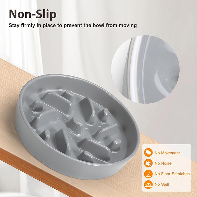 Ceramic Slow Feeder Dog Bowl, 8.3 inch Dog Food Bowls for Small, Medium, and Large Breed, Anti-Slip Puzzle Food Dish to Slow Down Eating (Grey, 8.3 in)