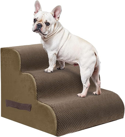 PAWSCART Pet Stairs for Dogs 3-Step, 15.7" H Pet Stairs for High Bed, Couch Sofa & Chair, 30D Material Soft Foam Dog Steps with Non-Slip Bottom Surface Removable Washable Cover, Brown