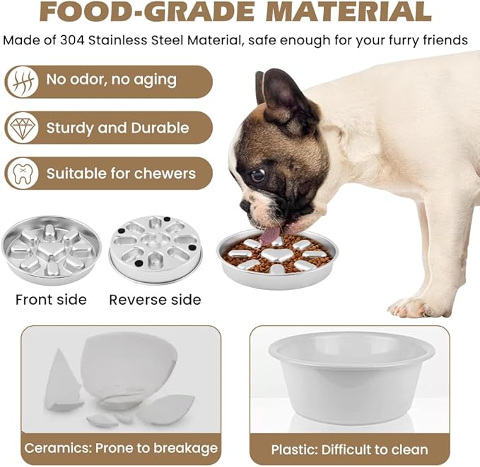 Slow Feeder Dog Bowls with Measuring Spoon, Stainless Steel Slow Feed Pet Bowl with Non-Slip Mat, Metal Feeder Dog Bowl for Small, Medium, Large Dogs to Slows Down Eating