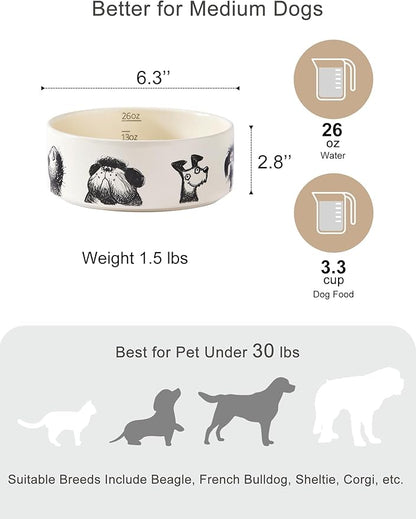 Ceramic Dog Bowl Set of 2 with Weighted Non-Slip Ring-3.3 Cups, Stoneware Food and Water Set, Pet Feeding, Microwave and Dishwasher Safe-Derpy-M 2pcs