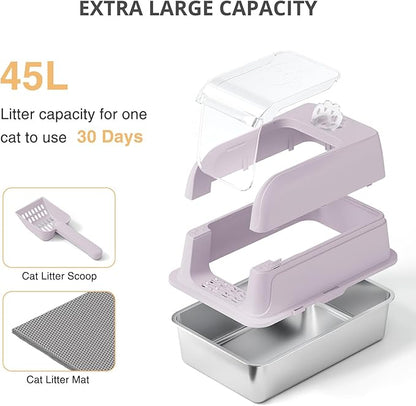 Stainless Steel Cat Litter Box Fully Enclosed Extra Large Metal High Sided Cat Box with 120° Fully Transparent See-Through Flip Lid, Scoop & Mat - Pink -XL