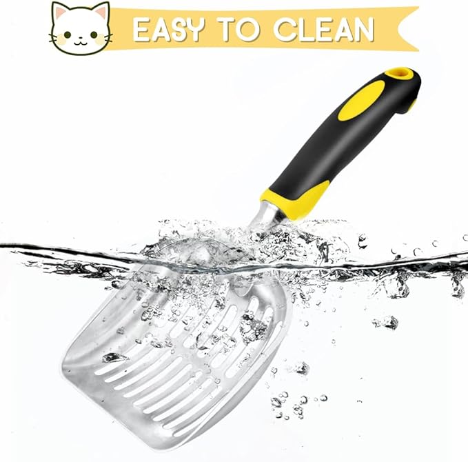 Cat Litter Scoop, Metal Cat Scooper, Rubber Handle Scoop, Sifting Shovel for Christmas – Heavy Duty Aluminum Alloy Litter Box Scoop with Deep Mesh, Design for Easy Waste Removal and Cleaning(Yellow)