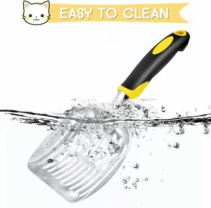 Cat Litter Scoop, Metal Cat Scooper, Rubber Handle Scoop, Sifting Shovel for Christmas – Heavy Duty Aluminum Alloy Litter Box Scoop with Deep Mesh, Design for Easy Waste Removal and Cleaning(Yellow)