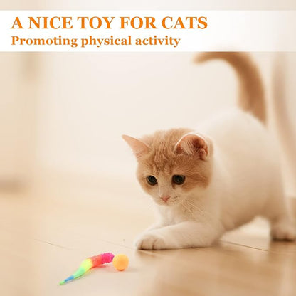 SHENGSEN Bouncy Ball with Tail Cat Toys-5 Packs,Rainbow Small Magic Worm with Ball Toy for Cats,Colorful Fuzzy Worm Bouncy Balls Cat Toy