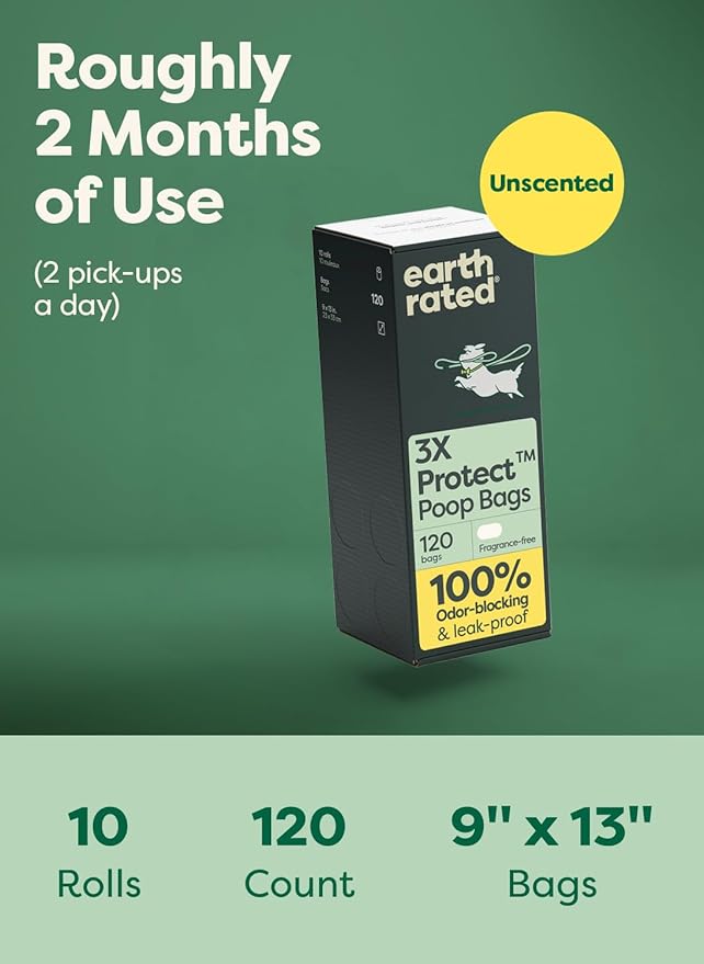 Earth Rated 3X Protect Dog Poop Bag Rolls, Odor Blocking Leak Proof Extra Thick, Unscented, 120 Count