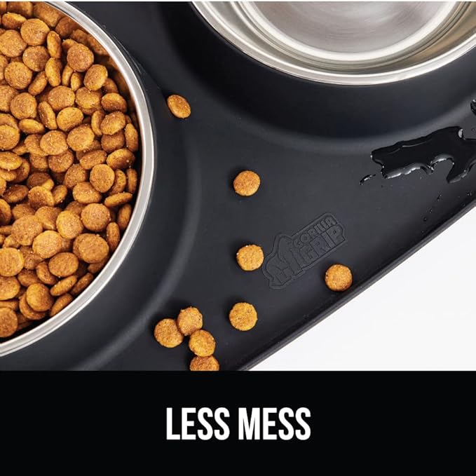 GORILLA GRIP Feeding Mat Bowl Set, 3 Cup 100% Waterproof BPA Free Silicone Base, 304 Stainless Steel Cat and Dog Bowls for Food and Water, Slip Resistant, High Edge, US Designed, Patent Pending, Black