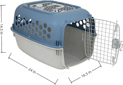 24 Inches Pet Kennel Carrier, Sturdy Portable 2-Door Top-Load Hard-Sided Pet Travel Carrier, Indoor & Travel Pet Cage, cat Kennel for Small Dogs & Cats, Blue and White