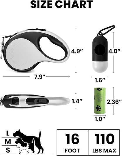 Retractable Dog Leash with Led Light, Douexio 16ft Heavy Duty Dog Leash Retractable for Medium Large Dogs Up to 110lbs,360° Tangle-Free, One-Button Control, High Strength Hook (White, 66-110lbs)