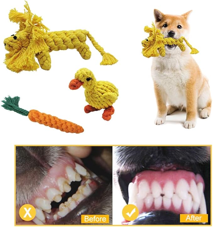 Andiker 3PCS Cotton Rope Puppy Teething & Training Durable Dog Plush Toys - Lion, Carrot & Duck Interactive Biting Rope Dog Chew Toys