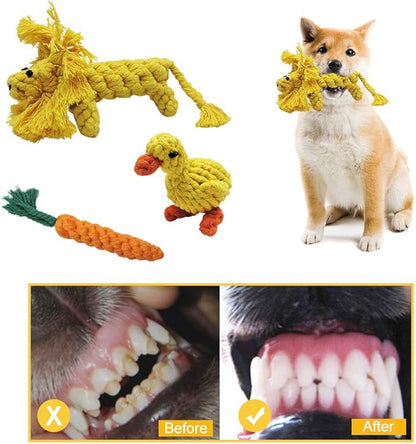 Andiker 3PCS Cotton Rope Puppy Teething & Training Durable Dog Plush Toys - Lion, Carrot & Duck Interactive Biting Rope Dog Chew Toys