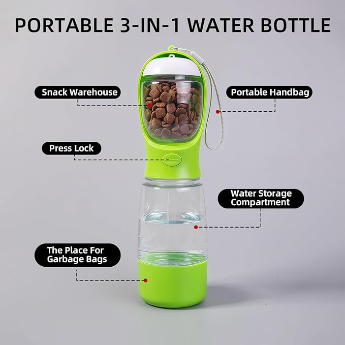 3-in-1 Dog Water Bottle Portable Leak Proof Pet Water Dispenser with Built-in Snack Storage & Waste Bag Holder 14oz for Outdoor Walking, Hiking Travel Green