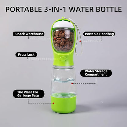 3-in-1 Dog Water Bottle Portable Leak Proof Pet Water Dispenser with Built-in Snack Storage & Waste Bag Holder 14oz for Outdoor Walking, Hiking Travel Green