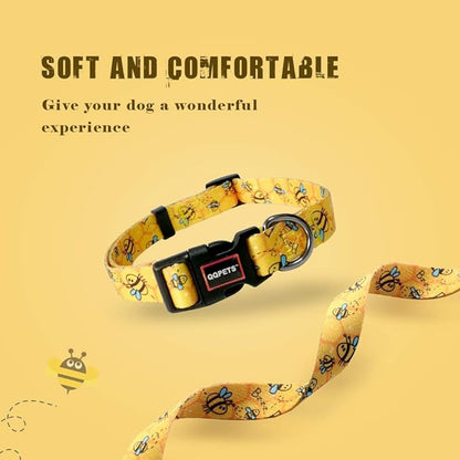 QQPETS Adjustable Soft Dog Collar: Print Flower Pink Multicolor Cute Patterns for XS Small Medium Large Pet Girl Boy Puppy Walking Running Training (M, Yellow Bee)