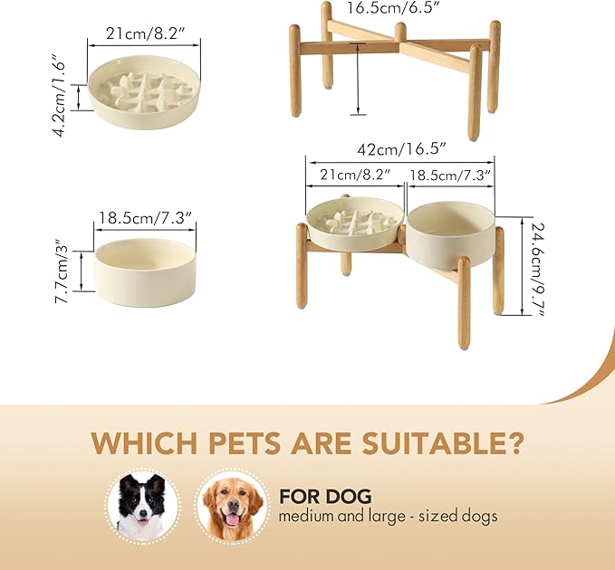 Ceramic Raised Slow Feeder Dog Bowl Set, Elevated 7.3inch Bowl and 8.2inch Slow Pet Food Dish with Wooden Stand for Medium and Large Dog (2 xLight Yellow+ Stand)