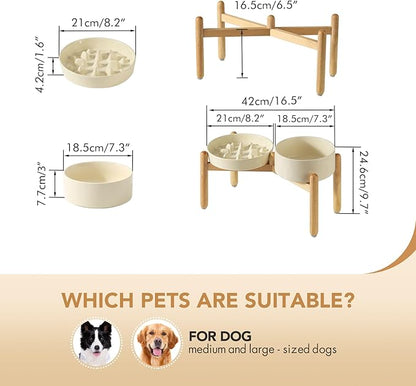 Ceramic Raised Slow Feeder Dog Bowl Set, Elevated 7.3inch Bowl and 8.2inch Slow Pet Food Dish with Wooden Stand for Medium and Large Dog (2 xLight Yellow+ Stand)