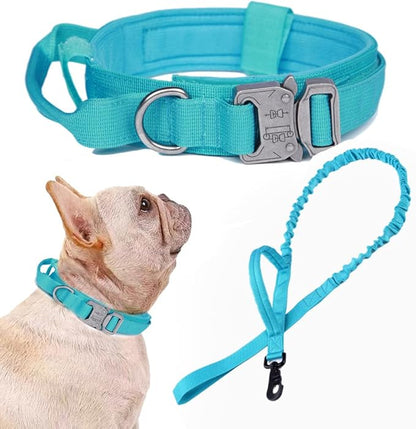 Xqpetlihai Tactical Dog Collar and Leash Set Adjustable Military Nylon Dog Collar with Control Handle and Heavy Duty Metal Buckle for Large Dogs（Blue S