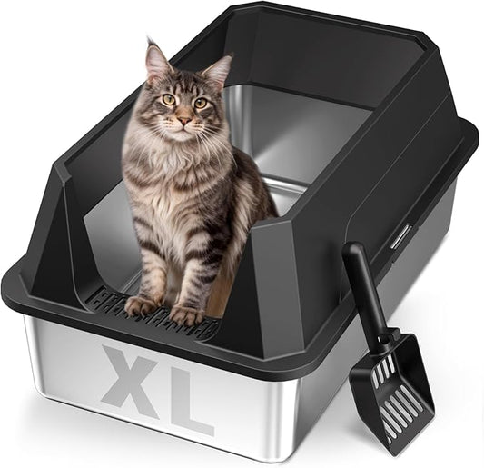Stainless Steel Litter Box with High Sides Lid, XL High Sided Cat Litter Pan, Open Top Extra Large Metal Cat Litter Box, Non-Stick Leakproof, Litter Scoop Included, Black