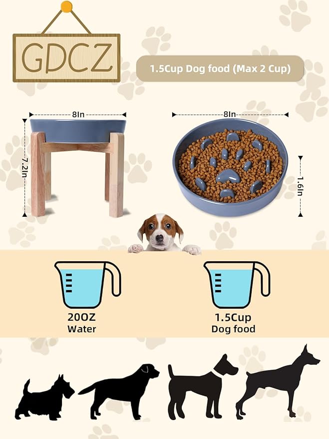 Dog Slow Feeder Bowl with Stand, Round Ceramic Pet Food Bowl for Medium Breed, Fun Raised Dog Bowls to Slow Down Eating (Grey)