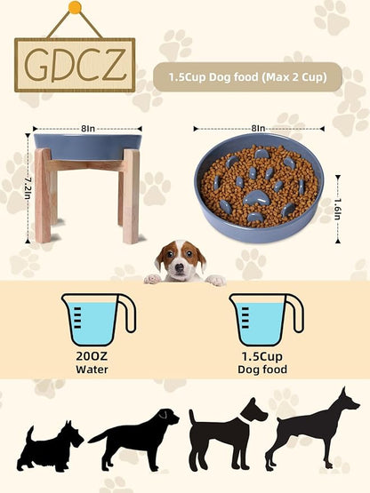 Dog Slow Feeder Bowl with Stand, Round Ceramic Pet Food Bowl for Medium Breed, Fun Raised Dog Bowls to Slow Down Eating (Grey)