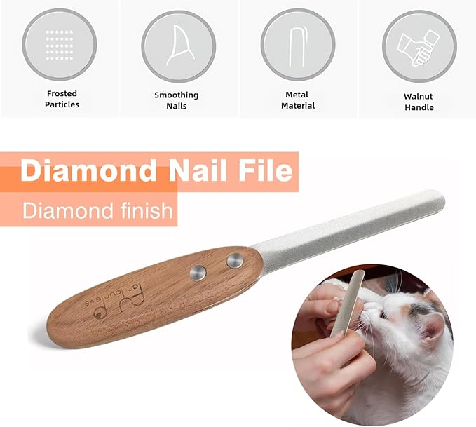Dog Nail File - Diamond Coated Metal Nail File for Dogs and Cats, Ergonomic Walnut Handle, Smooth and Shape All Toenail Types, Remove Burs for Indoor & Outdoor Pets