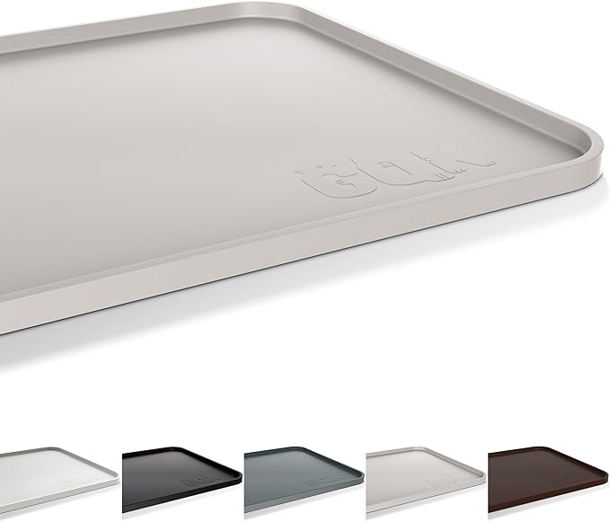 Silicone Dog Food Mat, Waterproof Anti-Slip Pet Feeding Mat with Warped Resistant Raised Edge,Spill-Proof Lip Floor Protection,Dishwasher-Safe Pet Placemat for Dogs & Cats(L 24" x 16" Beige Gray)