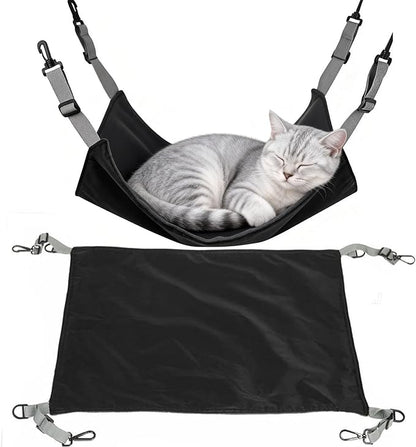 Adjustable Cage Hanging Cat Hammock, 4-Season 2-Sided Bed, Adjustable Waterproof Washable Cooling Mat for Large Kittens,Small Dogs & Rabbits (Black)