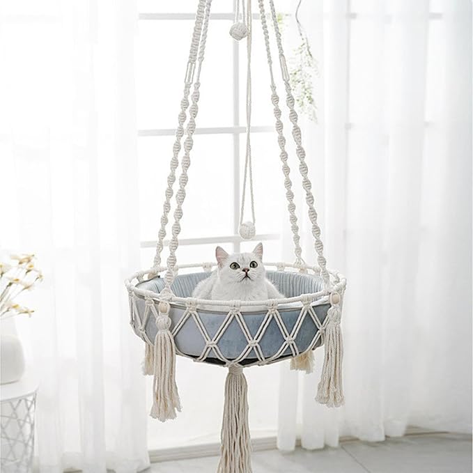 Hand Woven Cat Hammock with Stylish Bohemian Designs, Hanging Cat Bed, Cats Swing Bed, Pet Supplies, Home Decor, Cats Hammock Beds for Playing, Sleeping, Lounging and Climbing