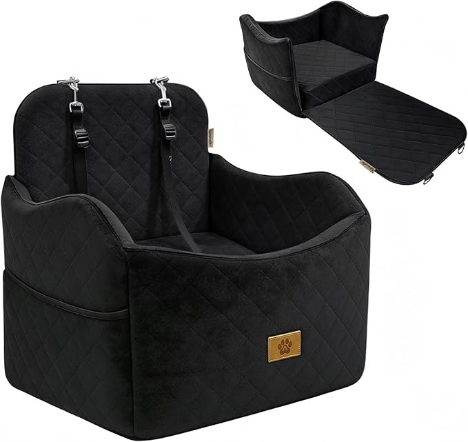 Dog Car Seat for Small/Medium Dogs Up to 35 lbs, 2-in-1 Pet Car Seat with Memory Foam, Machine Washable Dog Bed for Cars, Non-Slip Pet Booster Carseat with Safety Leashes, Storage Pockets (Black)