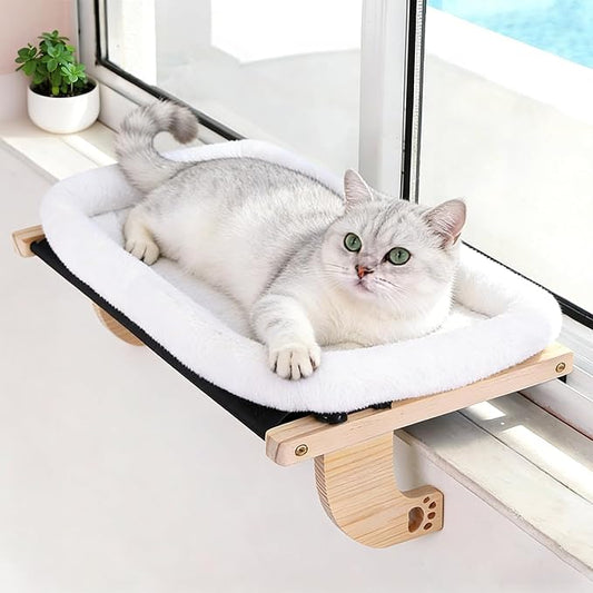 Cat Window Perch Hammock Wall Shelves Beds for Indoor Cats Supplies Design Robust Metal Frame Seat Large Cats and Kittens Pets Natural Wood, 24''L Easy to Adjust Windowsill, Bedside (White)