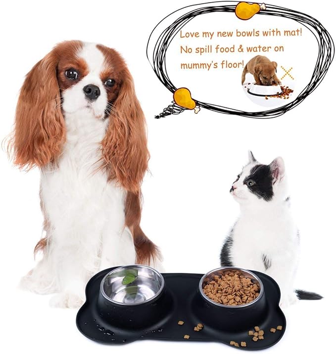 Pet Deluxe Dog Bowls Stainless Steel Dog Bowl with No Spill No Skid Silicone Mat, 24/48 oz Dog Food and Water Bowl Set Double Dog Feeder Bowl Dog Dish for Small Medium Large Sized Dogs Cats Puppy