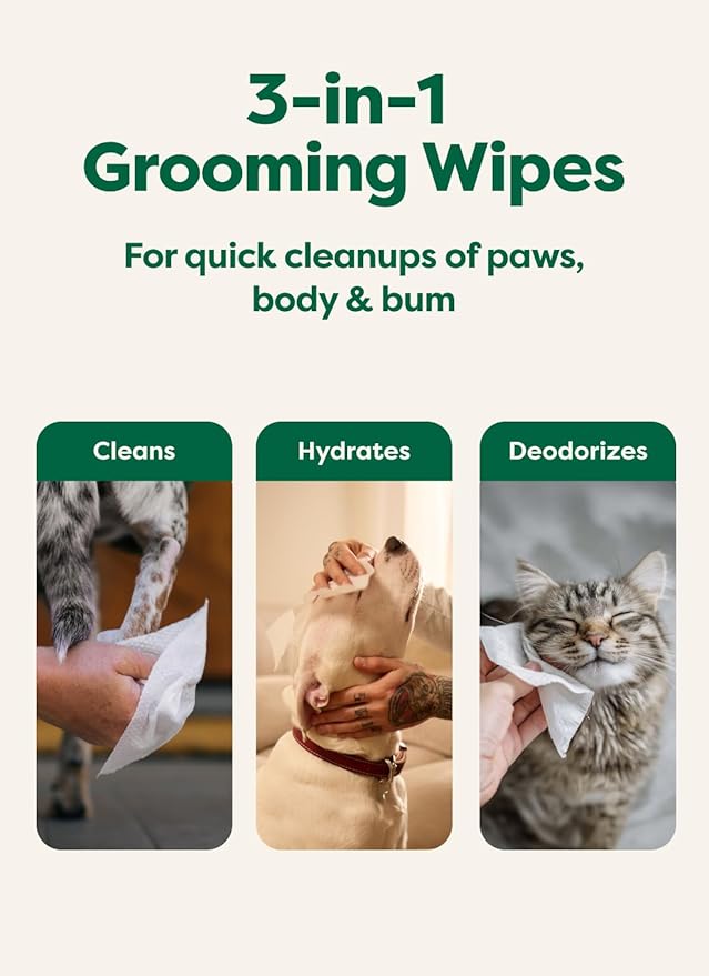 Earth Rated Pet Wipes for Dogs and Cats, Hypoallergenic, 3-in-1 Cleaning, Deodorizing and Hydrating, for Grooming Paws, Body and Butt, Unscented, 100 Count