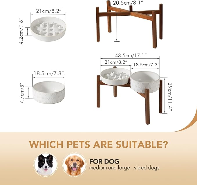 Ceramic 1.6 Cup Raised Slow Feeder Dog Bowl Set, Elevated 7.3inch Bowl and 8.2inch Slow Feeder Dish with Acacia Wood Stand for Medium and Large Dogs (2 x Reactived Glaze -White+ Stand)