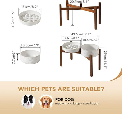 Ceramic 1.6 Cup Raised Slow Feeder Dog Bowl Set, Elevated 7.3inch Bowl and 8.2inch Slow Feeder Dish with Acacia Wood Stand for Medium and Large Dogs (2 x Reactived Glaze -White+ Stand)