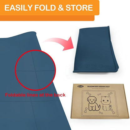 Dog Water Mat 39.4 by 29.5in Extra Large - Silicone Mat for Dog Bowls Waterproof Non Slip - XL Pet Mat for Food and Water Protect Floors - Stone Blue