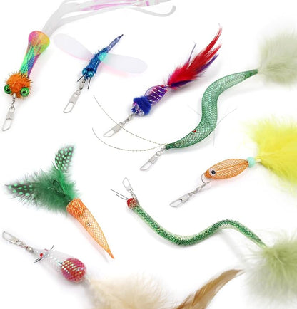 SONGWAY Cat Toy Wand Attachments - 8 Pieces Carrot Shrimp Mouse Fish Worm Dragonfly Cat Feather Toy Refills, Interactive Elastic Mesh Cat Toys for Indoor Cats Kittens