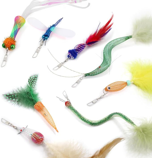 SONGWAY Cat Toy Wand Attachments - 8 Pieces Carrot Shrimp Mouse Fish Worm Dragonfly Cat Feather Toy Refills, Interactive Elastic Mesh Cat Toys for Indoor Cats Kittens