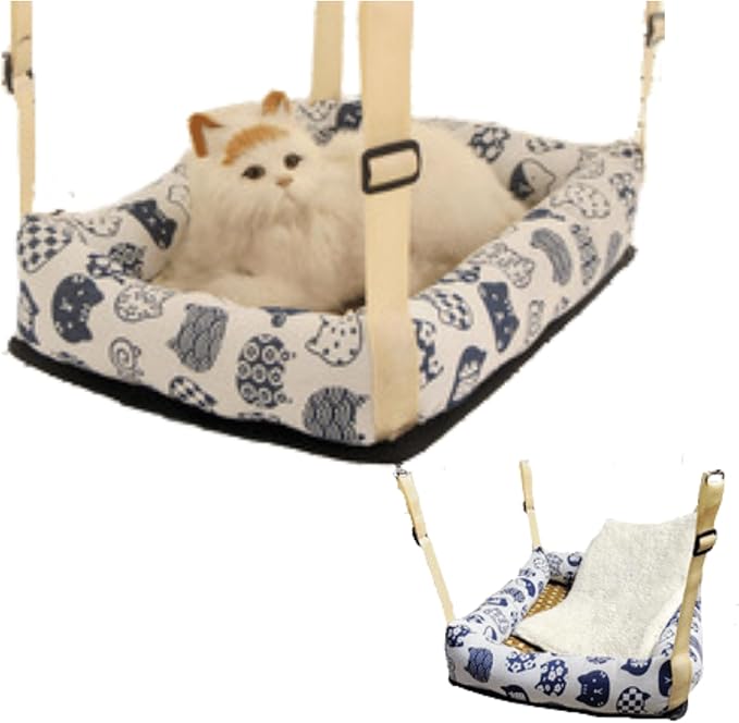 Hanging Cat Bed with Rattan Mat and Cotton Pad Cat Swing Hammock For Cage Kitten Cage Pet Hammock Ferret Bed Desk Accessories Indoor Hanging Bed Kitten Puppy Rabbit Bunny (Rectangle-White,Large)