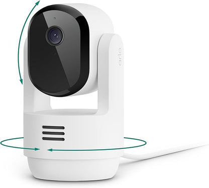 Arlo Essential Indoor Pan Tilt Security Camera 2K (2025 Release) - Wired Plug-in Power, Person Recognition, Animal Detection, Animated Preview, 1-Month Secure Plan, Auto Motion Tracking, 1 Cam, White
