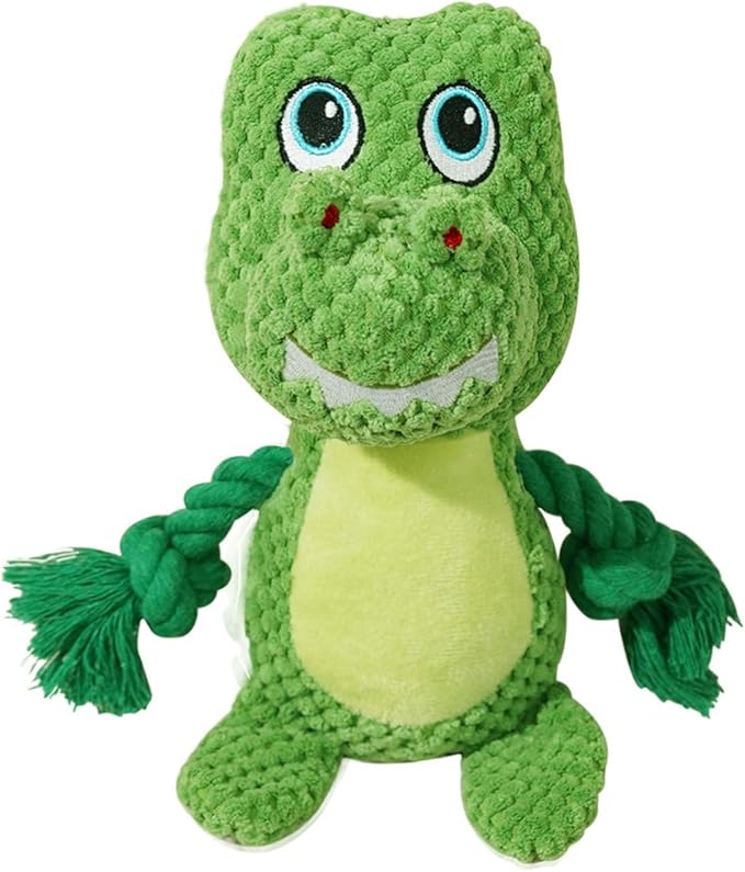 Cute Animals Interactive Squeaky Dog Toy with a Vocal Bladder, Crinkle Paper Stuffed Soft Cotton Chew Toy, Teething Rope Tug of War Pull Toy to Keep Them Busy for Puppy, Small Dogs - Green T.Rex