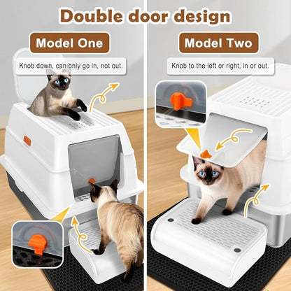 Vivifying Stainless Steel Litter Box with Lid, XL Front Entry Enclosed Extra Large Litter Box for Big Cats & Kitty, Top Exit Metal Cat Pan with Scoop, Mat, Footboard, Charcoal Filter (White)