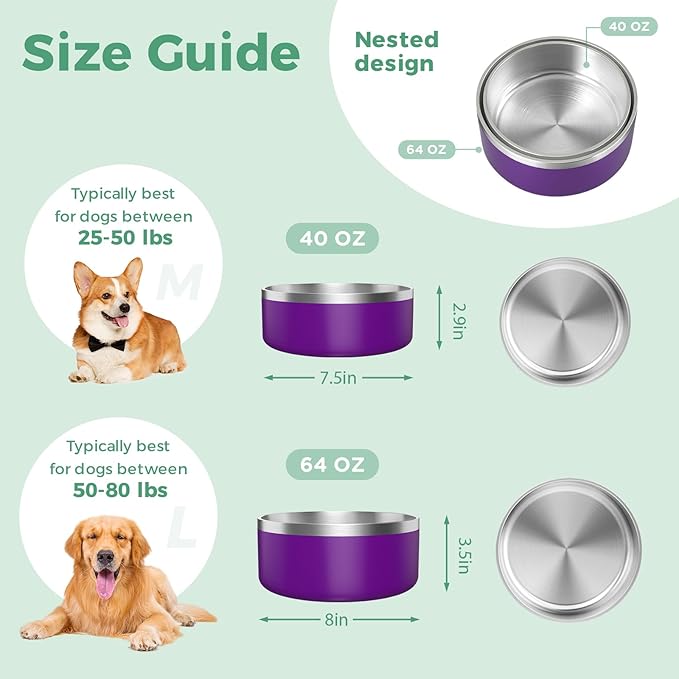 LIHONG Stainless Steel Dog Bowls for Small Medium Sized Dogs Non Slip,Insulated Dog Bowl,Pet Bowl for Food and Water,Rustproof(40oz,Purple)