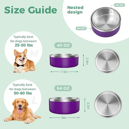 LIHONG Stainless Steel Dog Bowls for Small Medium Sized Dogs Non Slip,Insulated Dog Bowl,Pet Bowl for Food and Water,Rustproof(40oz,Purple)