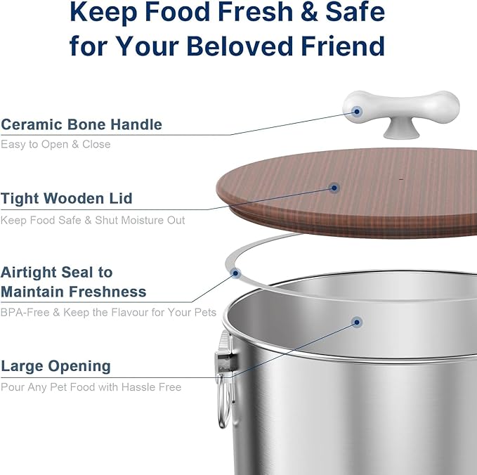 2PK 25 Lbs total 50 Lbs Stainless Steel Dog Food Storage Container with Airtight Wooden Lid & Ceramic Bone Handle, Large Metal Dog Food Bin for Dogs & Cats