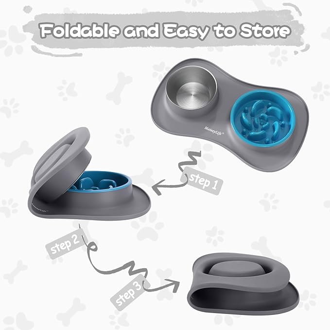 MateeyLife Dog Food and Water Bowl Set 3 in 1, Slow Feeder Dog Bowls & Stainless Steel Water Bowl with Non-Spill Silicone Mat, Cat and Puppy Bowls Pet Dishes for Small Medium Large Breed Anti-Choking