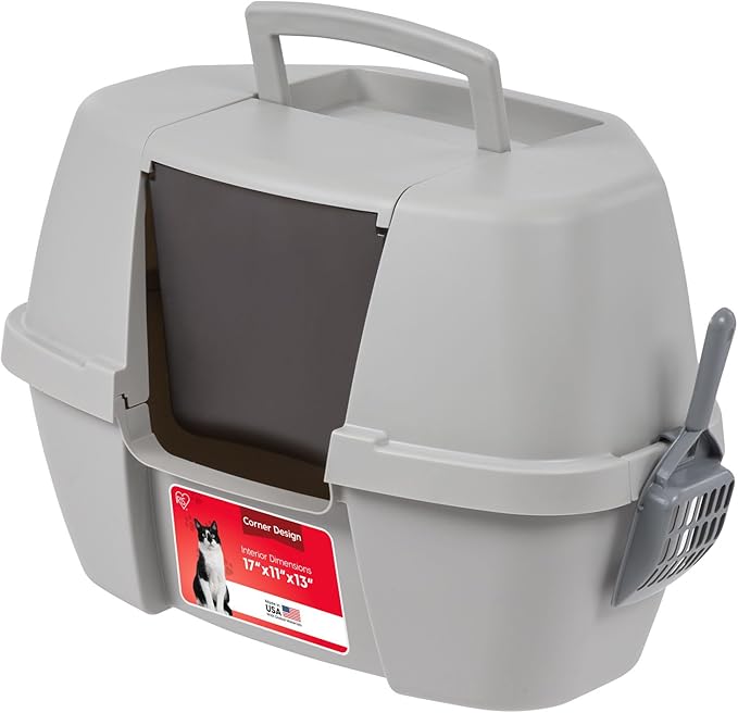 IRIS USA Corner Cat Litter Box - Enclosed Corner Litter Box with Scoop, Hooded Litter Tray for Corners, Space-Saving Covered Litter Box, Odor Defensive, Gray